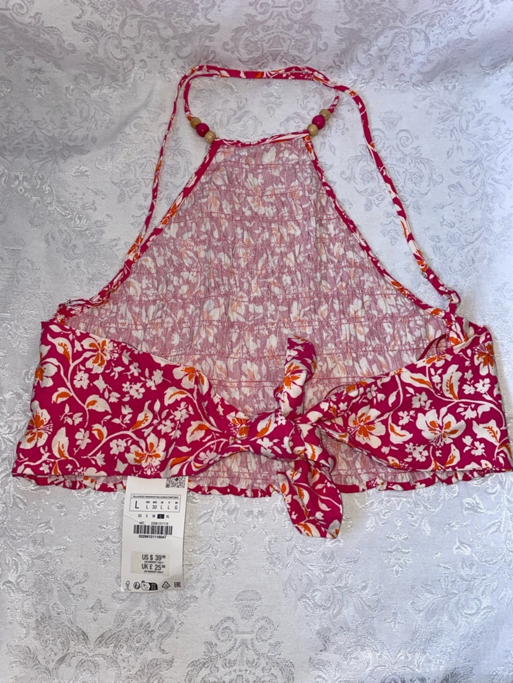 NWT ZARA Bright Pink Floral Halter Tank with Bead Straps.  Size Large. - Picture 3 of 5